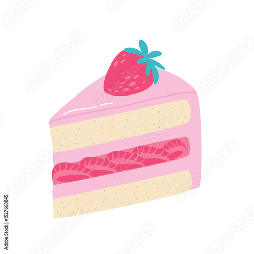 Slice of strawberry cake with cream and berry fruits. Flat style sweet dessert vector illustration