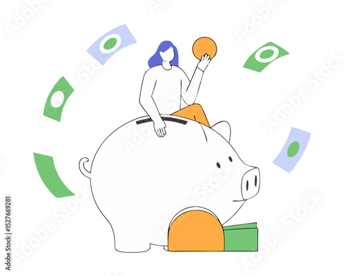 appy tiny woman sitting on piggybank vector illustration. Girl managing personal finances, holding gold coin, huge piggy bank, wallet, banknotes. Finances, budget planning, economy, savings concept