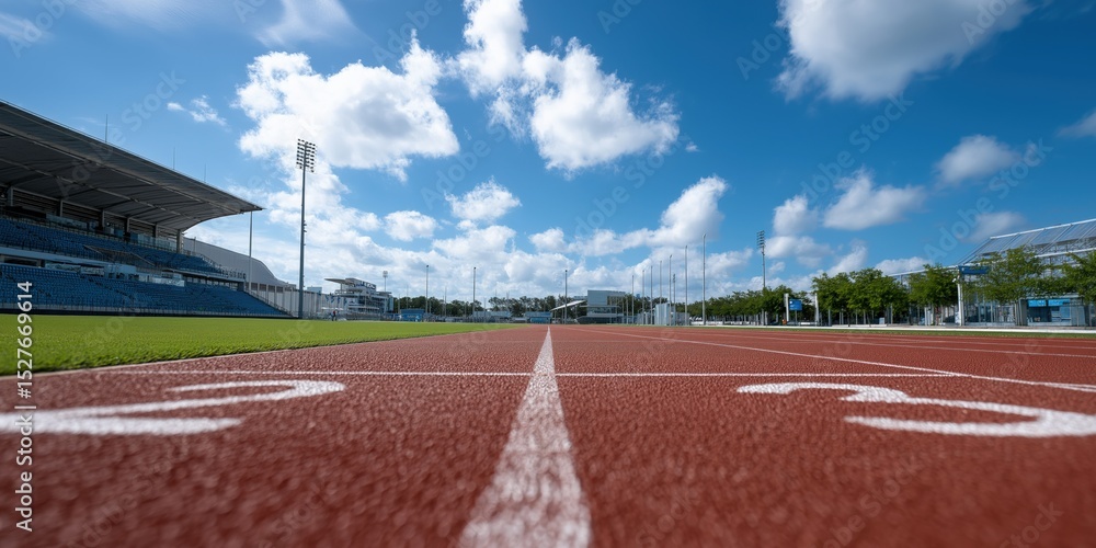 Fototapeta premium Sunny day on outdoor athletics track with clear blue sky and fluffy clouds