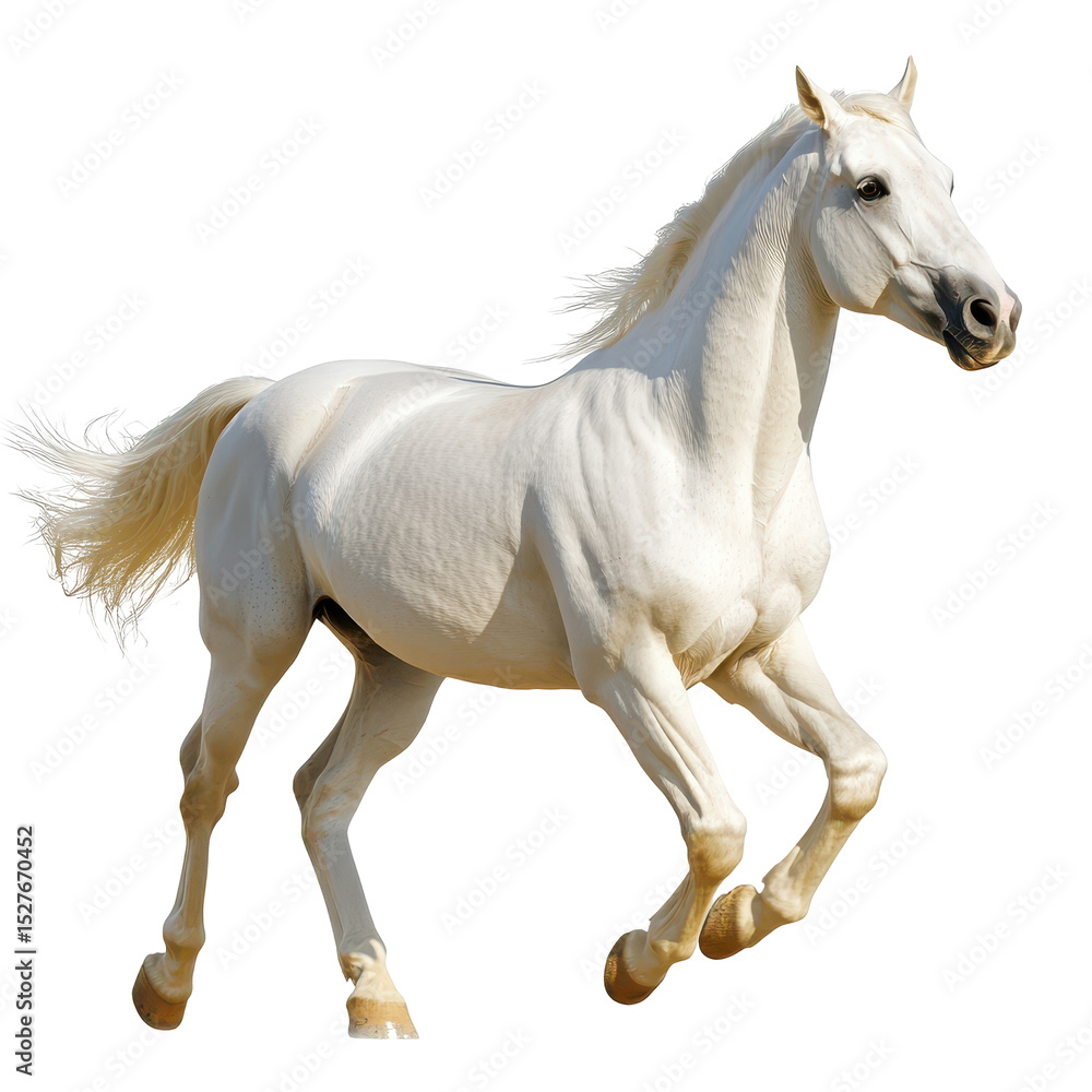 Majestic white horse galloping freely across a field under bright daylight near a forest Majestic white horse galloping freely across a field under bright daylight near a forest
