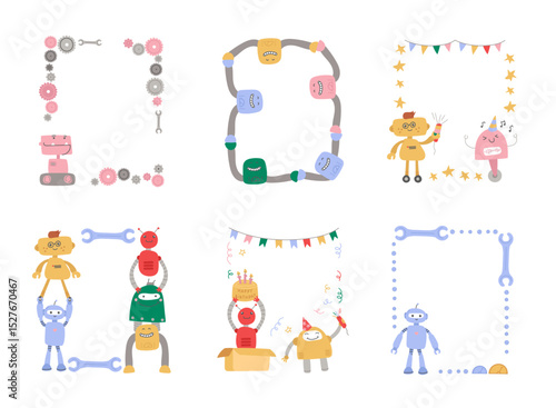 Childish decorative frames with cute robot funny droids funky futuristic machinery isolated set