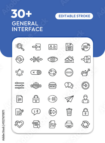 Thirty-plus editable general interface icons;  a collection of line-art symbols for user interfaces.