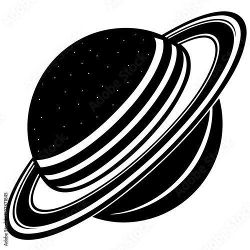 Stylized black and white illustration of saturn