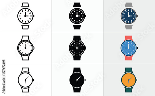 Illustration of Wristwatches Analog Style, Black and White, and Vibrant Color Options