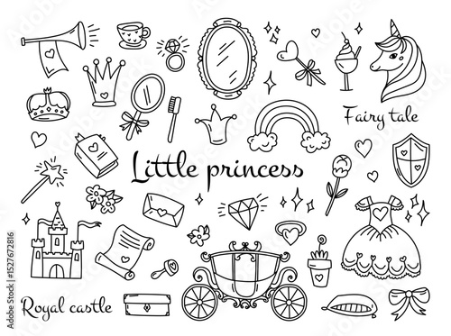 Little princess fairytale doodles set with cute fantasy decorative elements and royal castle