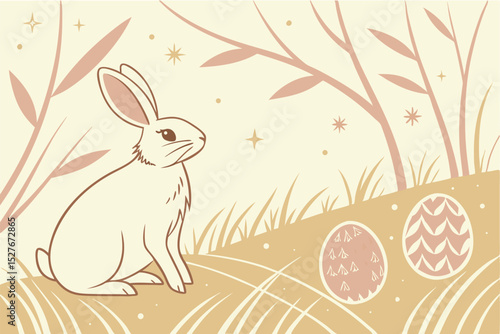 Easter bunny sitting in the meadow with eggs, vector illustration