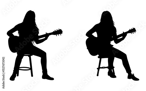 Girls playing guitar full black silhouette vector illustration design