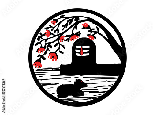 Shiva Lingam with Nandi Bull under Sacred Tree – Minimalist Vector Silhouette in Tricolor, Hindu Spiritual Symbol.