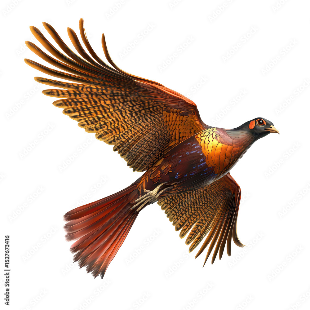 Fototapeta premium Colorful bird in flight showcasing vibrant plumage and intricate feather patterns against a plain backdrop