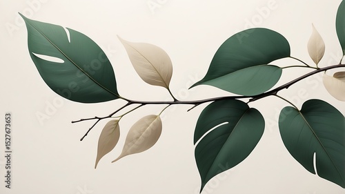 Minimalist Botanical Branch with Green and Beige Leaves on Neutral Background