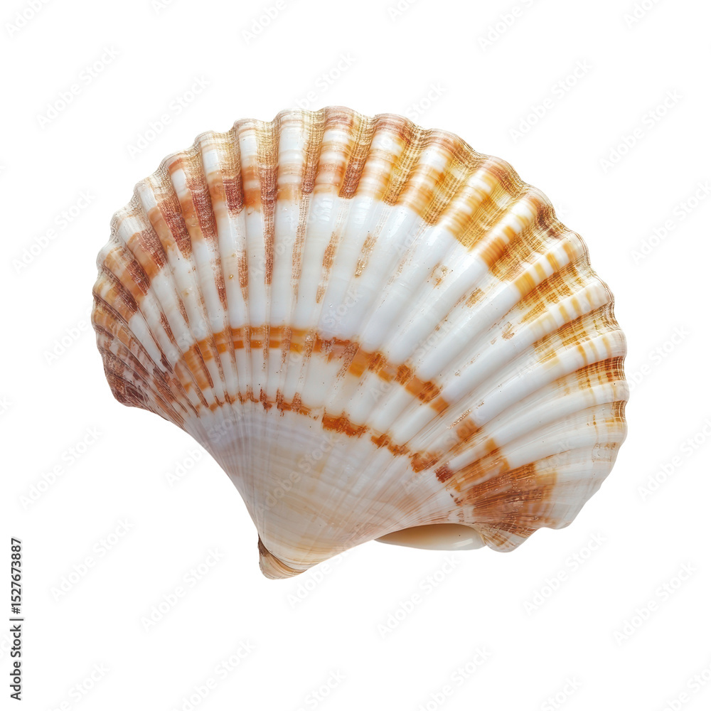 Beautiful scallop shell resting on a white surface, showcasing intricate patterns and colors Beautiful scallop shell resting on a white surface, showcasing intricate patterns and colors
