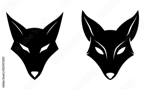 Set of  ferocious fox head full black silhouette vector illustration design