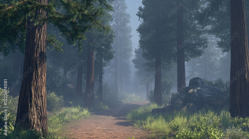 Obraz premium Misty Forest Path Through Giant Trees