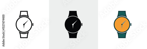 Three wristwatch icons minimalist black and white outline, solid black fill, and color illustration