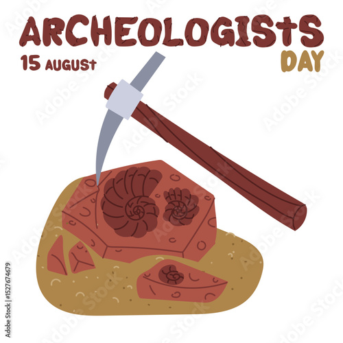 Archaeologist's Day is August 15th. The fossil of shells smashed by a pickaxe in the sand. Flat color illustration. Vulcanization. for postcards, posters, articles, blogs, educational materials