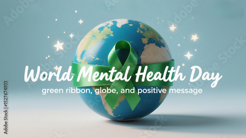 A 3D globe encircled by a green ribbon symbolizes World Mental Health Day, promoting global awareness and positive mental wellbeing. Hope and support are conveyed.