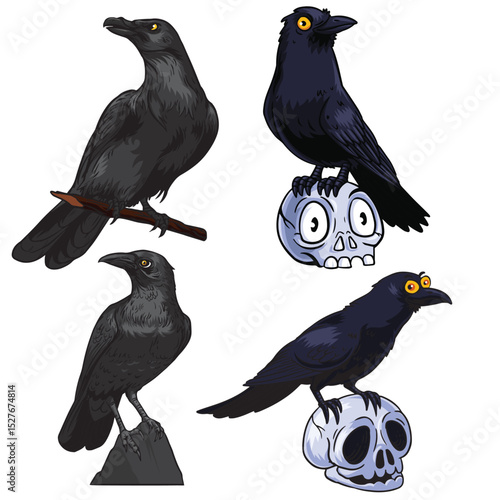 Vector silhouette illustrations of birds in nature, featuring crows, ravens, and bullfinches on branches with outstretched wings