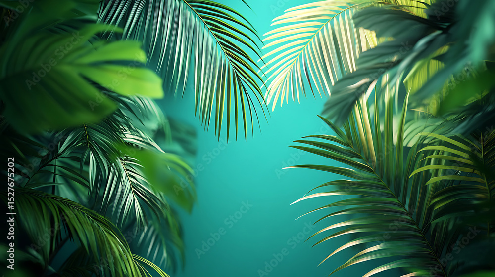 Fototapeta premium Lush green tropical foliage composition on turquoise background perfect for summer designs