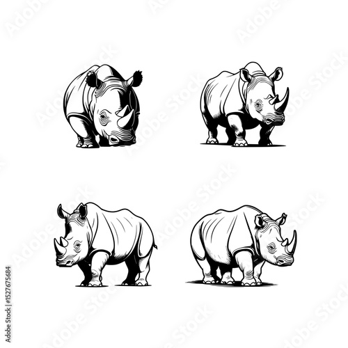 Majestic Strength: 4-Side View Compile of a Rhinoceros Vector