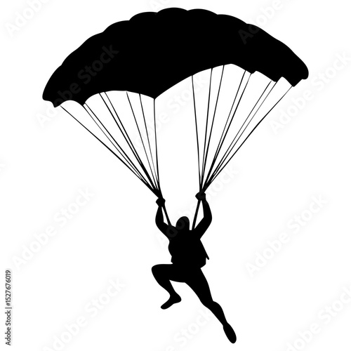 A man descending with parachute full black silhouette vector illustration design