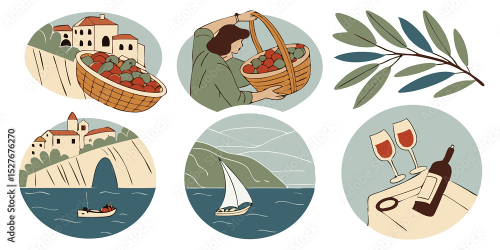 Fototapeta premium Mediterranean Coastal Charm: Scenic Italian Village Illustrations