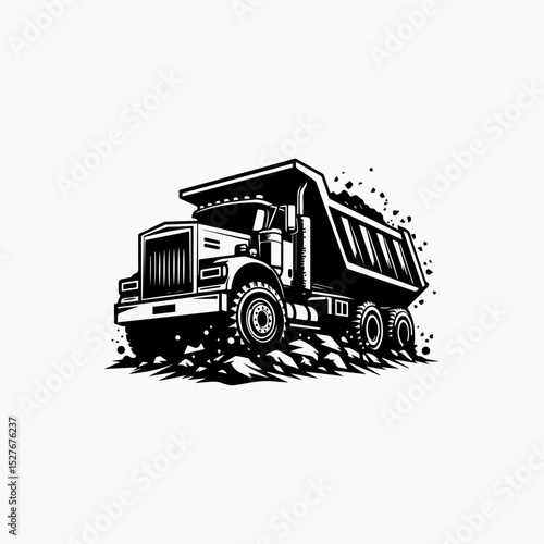 Bold monochrome dump truck vector logo in motion carrying construction materials with heavy-duty aesthetic