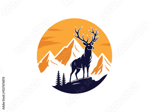 deer, mountain and sunset logo vector illustration