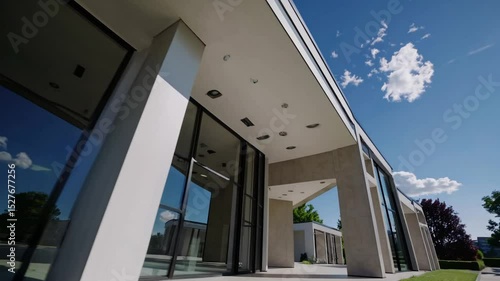 Modern house design with large windows and green landscape on a sunny day in a serene location