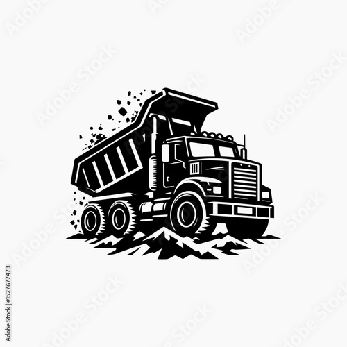 Powerful construction vehicle logo featuring dynamic dump truck silhouette carrying load of excavated material