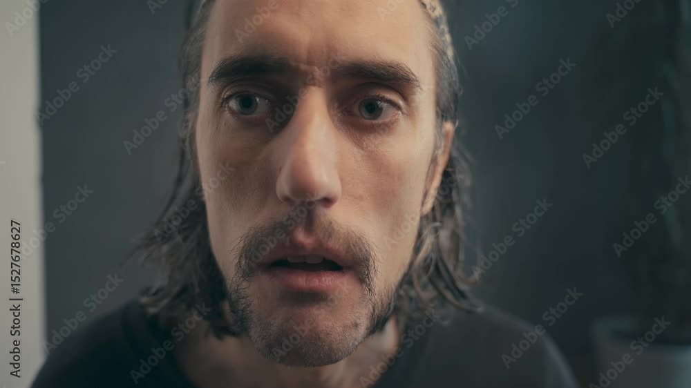 Close-Up of a Caucasian Male with Facial Hair in Emotional Turmoil: Introspective, Tense Expression with Wide Eyes and Tousled Hair in Muted Setting, Captured Through Static Camera Angles Close-Up of a Caucasian Male with Facial Hair in Emotional Turmoil: Introspective, Tense Expression with Wide Eyes and Tousled Hair in Muted Setting, Captured Through Static Camera Angles