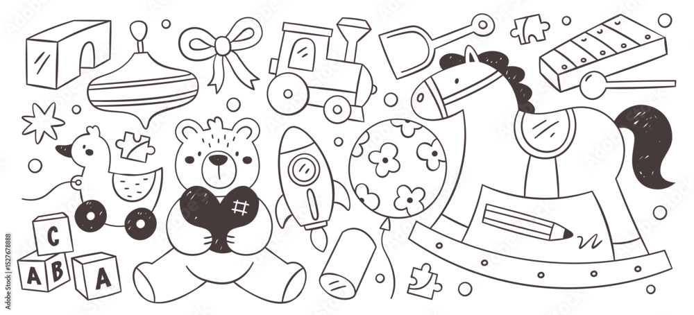 Obraz premium Toys for children games, baby shower greeting postcards prints hand dawn line sketch isolated set