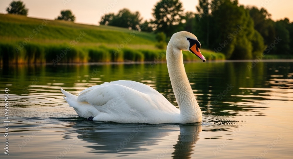 Fototapeta premium Elegant White Swan Gracefully Swimming on Calm Lake at Sunset