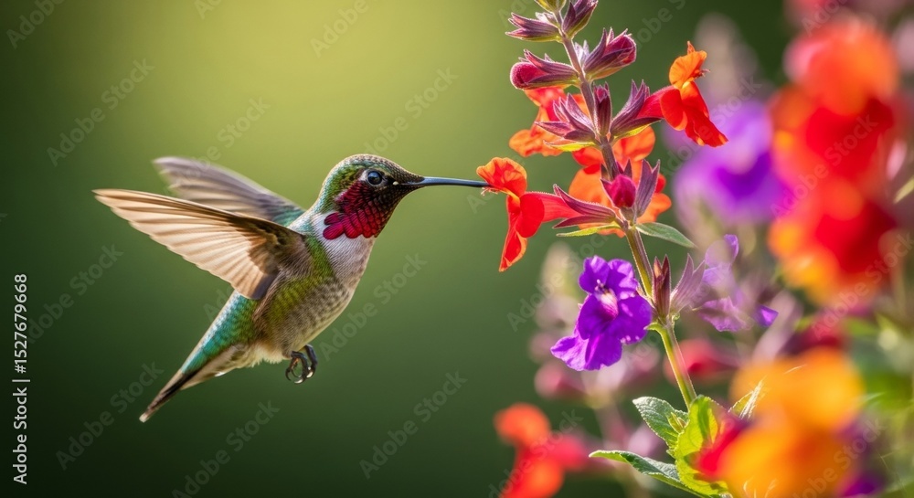 Fototapeta premium Hummingbird in Flight, Feeding on Vibrant Flowers