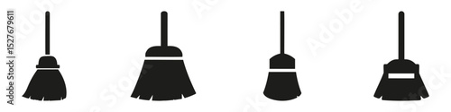 Broom Silhouettes In Icon Set. Cleaning Tools And Household Maintenance Symbol Collection. Domestic And Janitorial Use. Isolated Vector Illustration