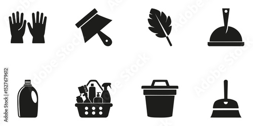 Cleaning Tools And Supplies Silhouette Set. Household Maintenance And Sanitation Icon Collection. Domestic And Commercial Use. Isolated Vector Illustration