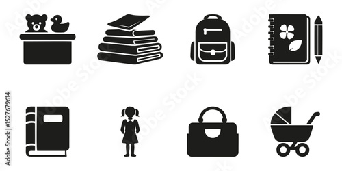 Children'S Items And Activities Silhouette Set. Childhood, Education, And Parenting Symbol Collection. Family And Educational Use. Isolated Vector Illustration