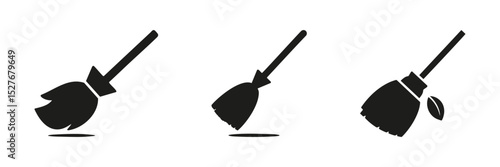 Broom Silhouettes In Icon Set. Cleaning And Housekeeping Tool Symbol Collection. Domestic And Janitorial Use. Isolated Vector Illustration