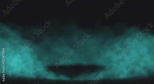 Blue Smoke effect on transparent dark background. Fog cloud above the floor surface with an empty spot