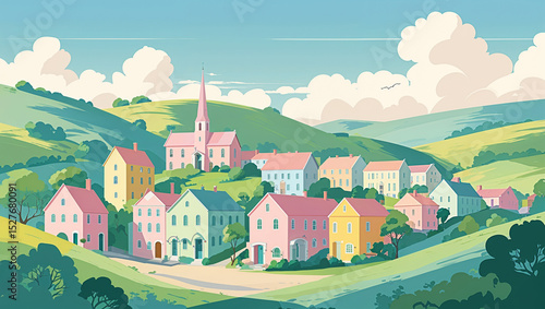 Idyllic pastel village scene with houses church rolling hills and blue sky