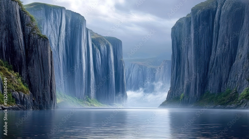 Fototapeta premium Misty Fjord Valley with Waterfalls