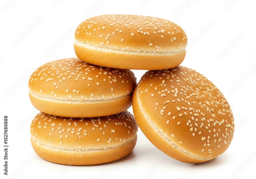 Four sesame seed burger buns stacked isolated on white background Four sesame seed burger buns stacked isolated on white background