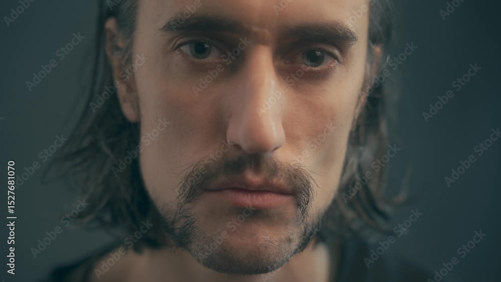Expressive Young Man with Moustache in Contemplative Close-Up Expressive Young Man with Moustache in Contemplative Close-Up
