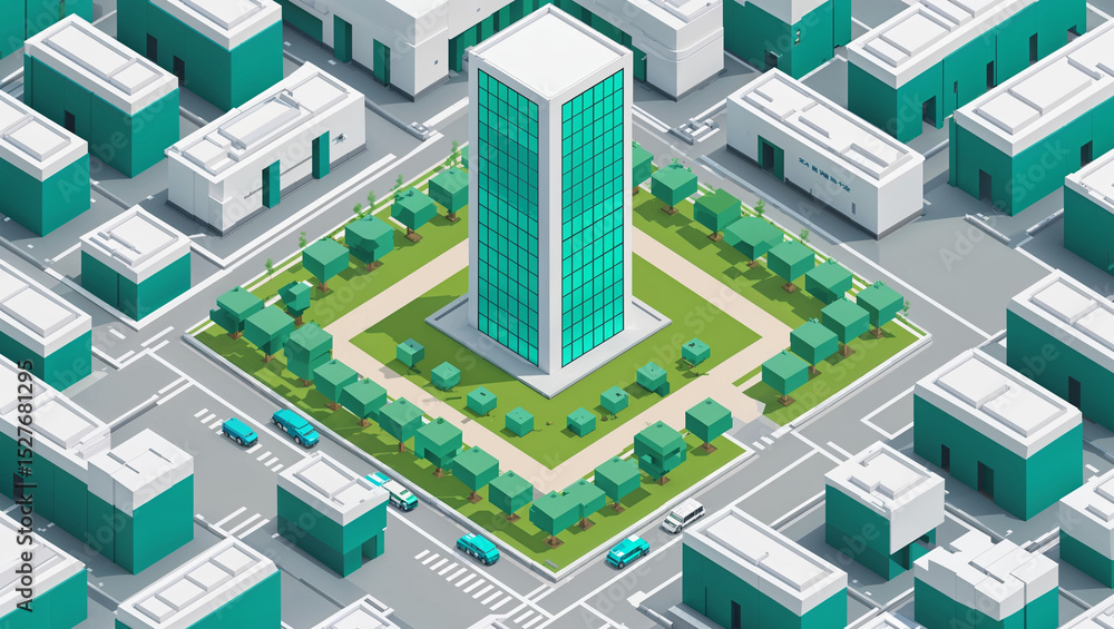 Isometric cityscape featuring modern buildings trees and vehicles on urban roadways Isometric cityscape featuring modern buildings trees and vehicles on urban roadways