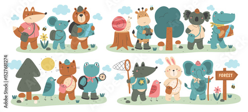 Cute animals cartoon character enjoying hiking trip amusing adventure on nature isolated scene set