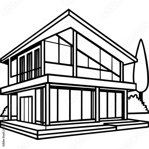 Modern house architectural line drawing illustration