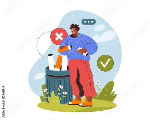 Stop smoking vector poster. Man throwing cigarettes filters into trash bin or can. Anti-smoking symbol or placard. Health care and tobacco addiction, smoke quit sign. Nicotine prevention campaign.