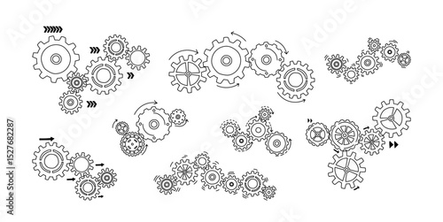 Mechanical gears and cogs wheels arrangement with arrows of rotation and pointers isolated set