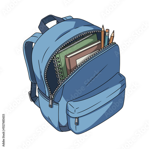 Illustration of a Blue Backpack Filled with School Supplies, Perfect for Education and Back-to-School