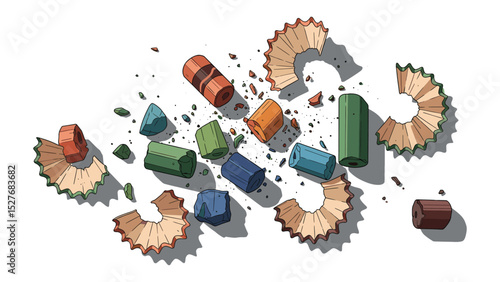 Colorful Broken Pencils and Shavings Illustration on White Background for Design