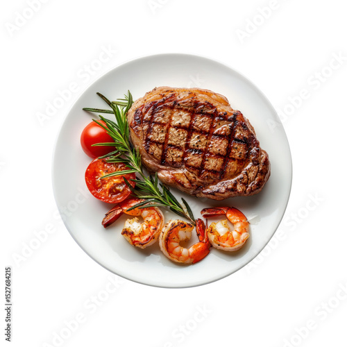 Grilled Steak with Shrimp and Rosemary Garnish on White Plate